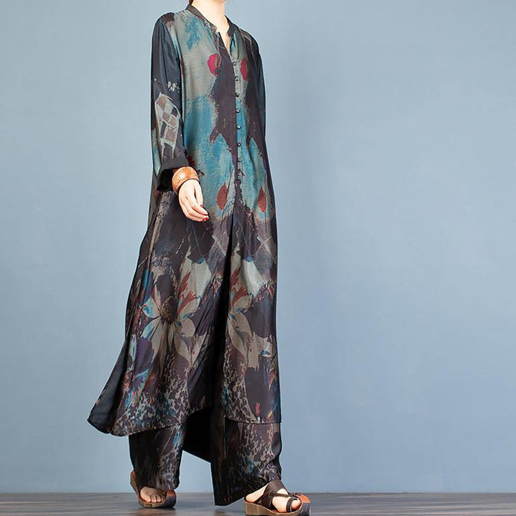 2021 Women's Silk Blend Blue Print Long Cardigan Loose Wide Leg Pants - Omychic