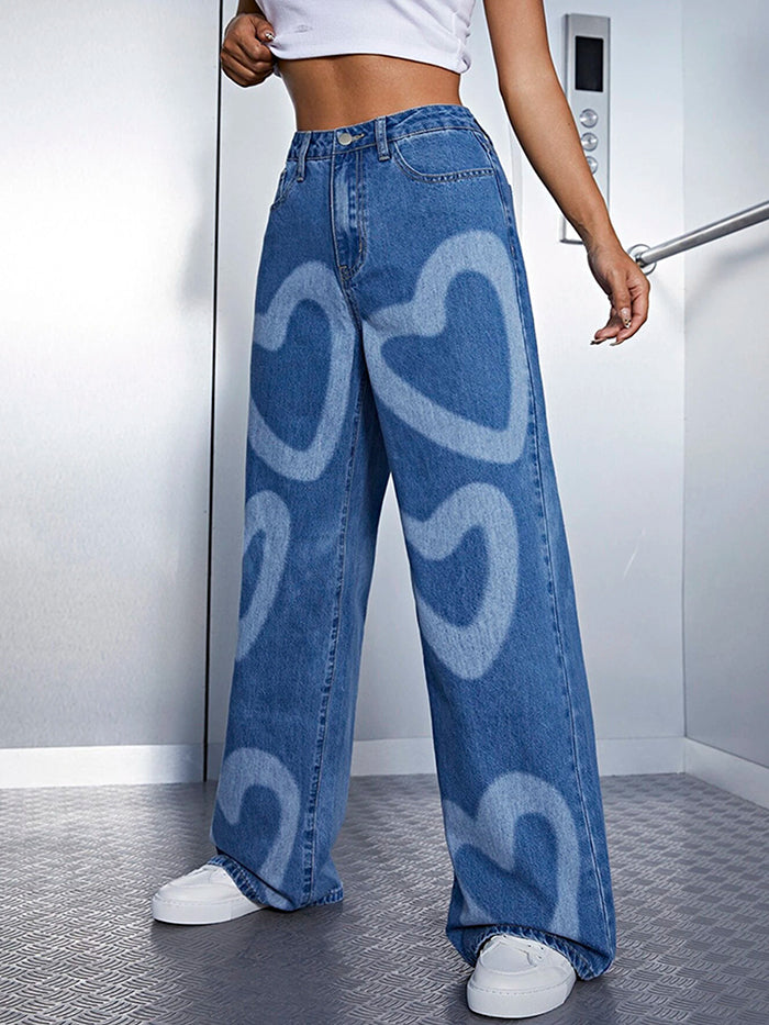 Urban Heart Shape Printed Wide Leg Denim Pants