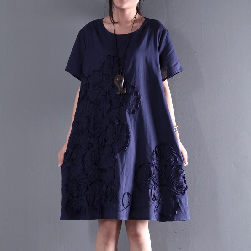 Appliques navy sundress linen summer dresses plus size blouse - Omychic