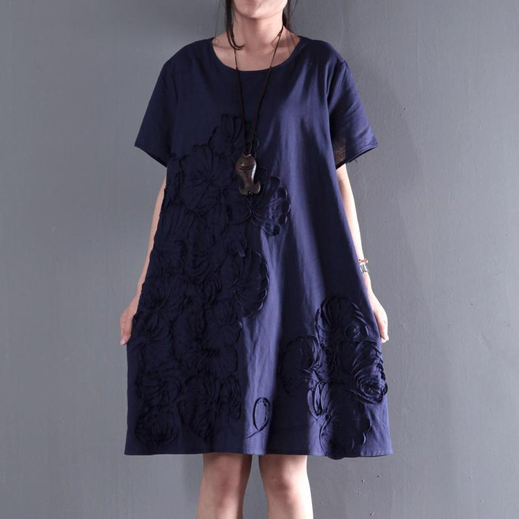 Appliques navy sundress linen summer dresses plus size blouse - Omychic
