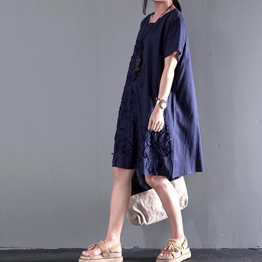 Appliques navy sundress linen summer dresses plus size blouse - Omychic