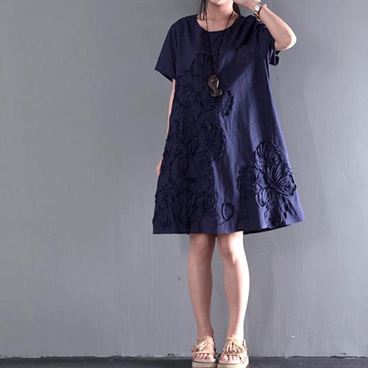 Appliques navy sundress linen summer dresses plus size blouse - Omychic