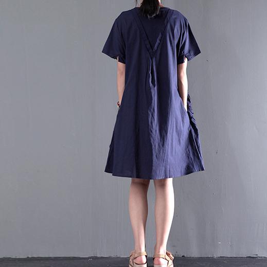 Appliques navy sundress linen summer dresses plus size blouse - Omychic