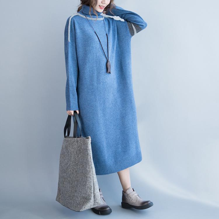 Blue loose sweater dress oversized knit maxi dress knitted caftan turtle neck - Omychic