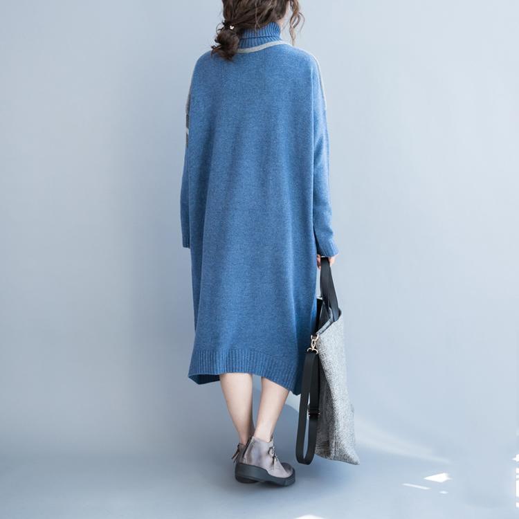Blue loose sweater dress oversized knit maxi dress knitted caftan turtle neck - Omychic