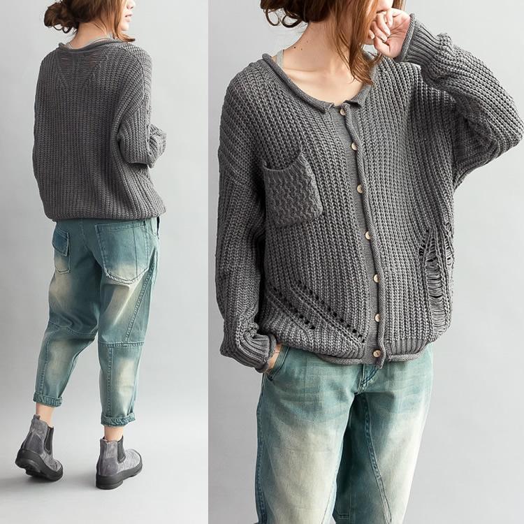 Gray sweater cardigan short knitted jacket hollowed casual style - Omychic