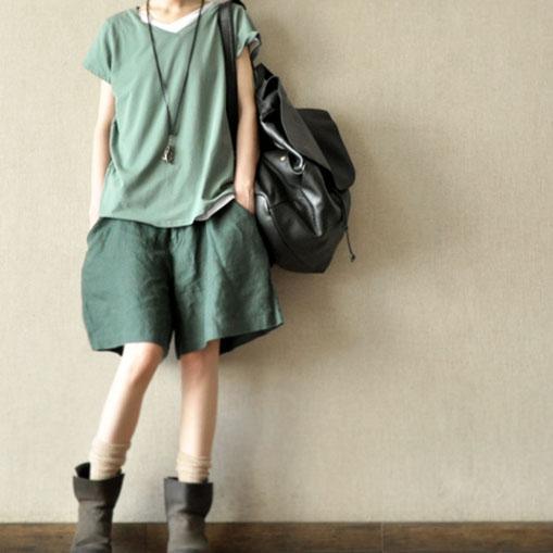 Green women summer linen short pants pockets cotton shorts - Omychic