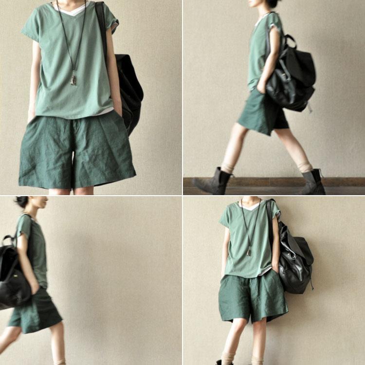 Green women summer linen short pants pockets cotton shorts - Omychic