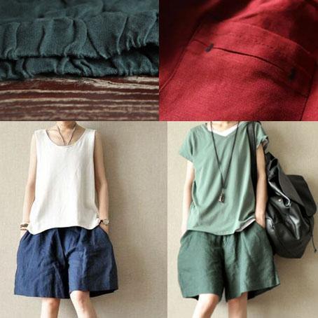 Green women summer linen short pants pockets cotton shorts - Omychic
