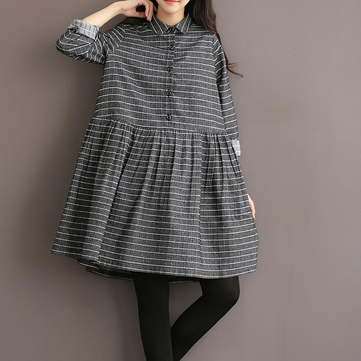 Grey vintage striped linen dress cotton shirt dress high quality fit flare spring dresses - Omychic