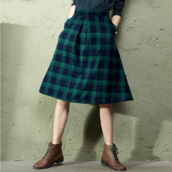 High waist plaid women skirt casual green woolen skirts woolen - Omychic