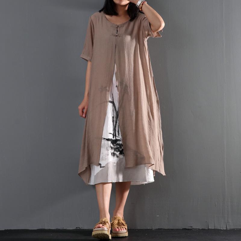 Khaki cotton layered sundress loose causal summer maxi dresses print dress inside - Omychic