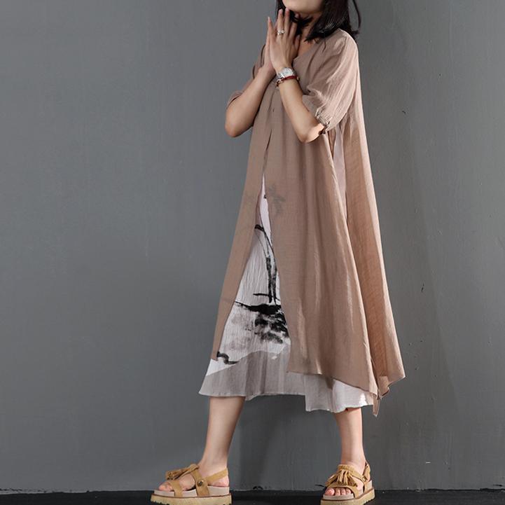 Khaki cotton layered sundress loose causal summer maxi dresses print dress inside - Omychic