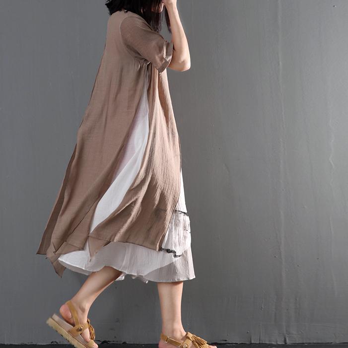 Khaki cotton layered sundress loose causal summer maxi dresses print dress inside - Omychic