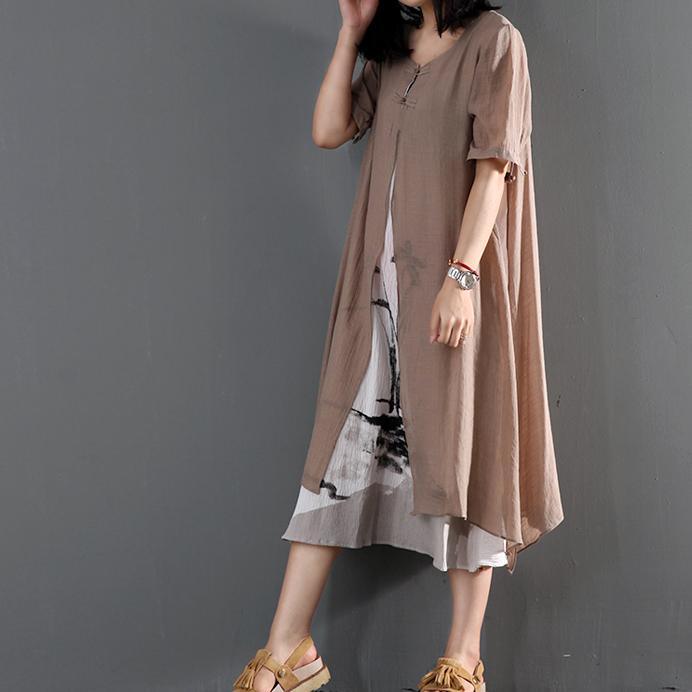 Khaki cotton layered sundress loose causal summer maxi dresses print dress inside - Omychic