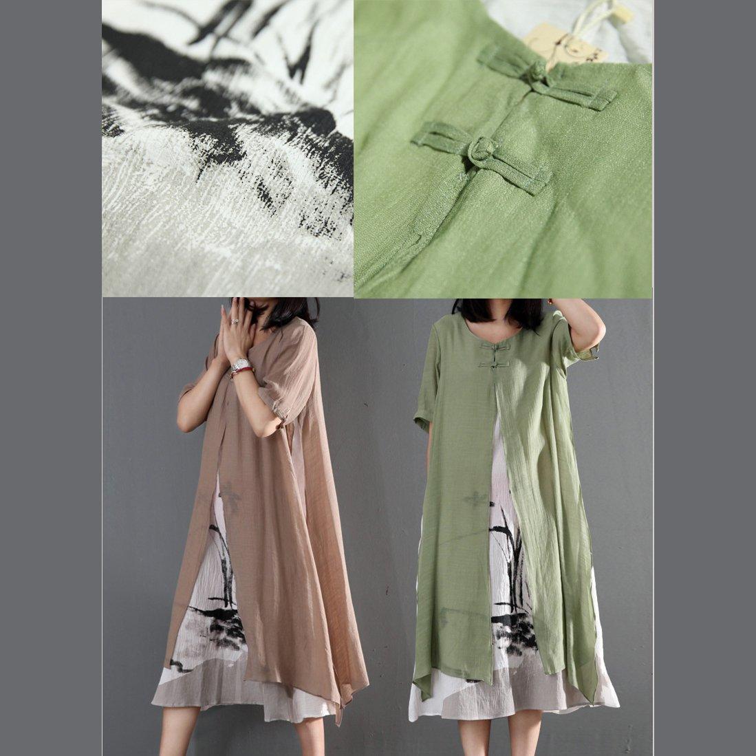 Khaki cotton layered sundress loose causal summer maxi dresses print dress inside - Omychic