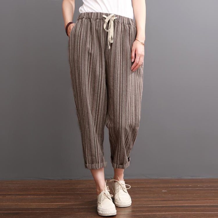 Khaki striped linen pants summer crop pants - Omychic