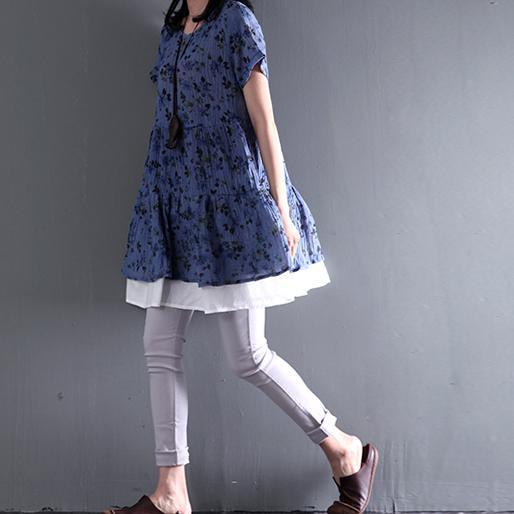 Layered blue floral linen summer dress oversize wrinkled linen sundress - Omychic