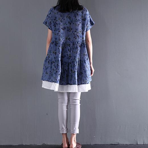Layered blue floral linen summer dress oversize wrinkled linen sundress - Omychic