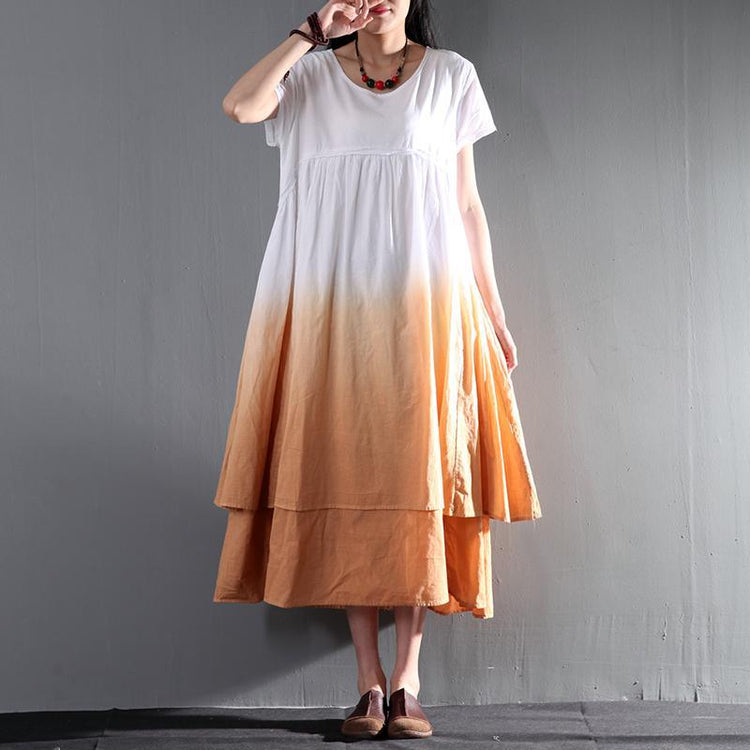 Linen summer dress gradient orange layered linen sundress long maxi dress - Omychic