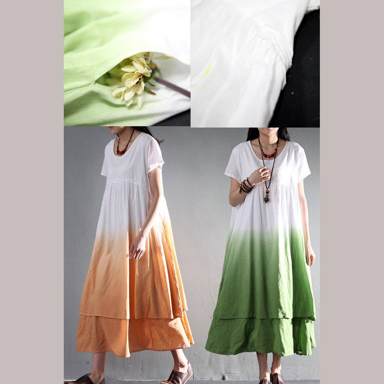 Linen summer dress gradient orange layered linen sundress long maxi dress - Omychic