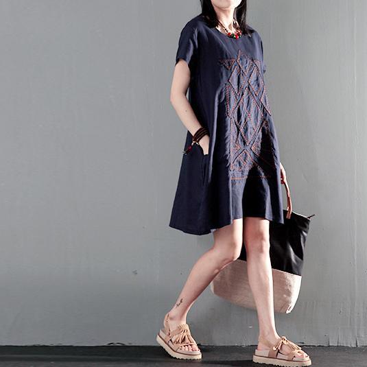 Navy embroidery summer shift dress plus size shirt linen sundress blouse - Omychic