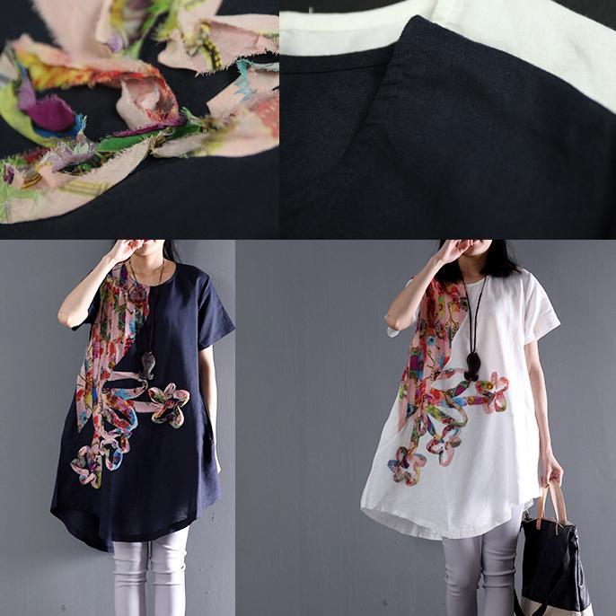 Navy floral sundress asymmetric short sleeve summer blouse dresses top - Omychic