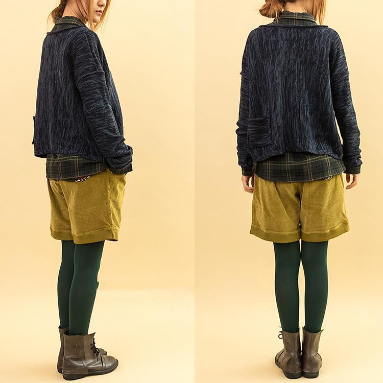 Navy knit sweater womens short cardigan back pocket knitwear - Omychic