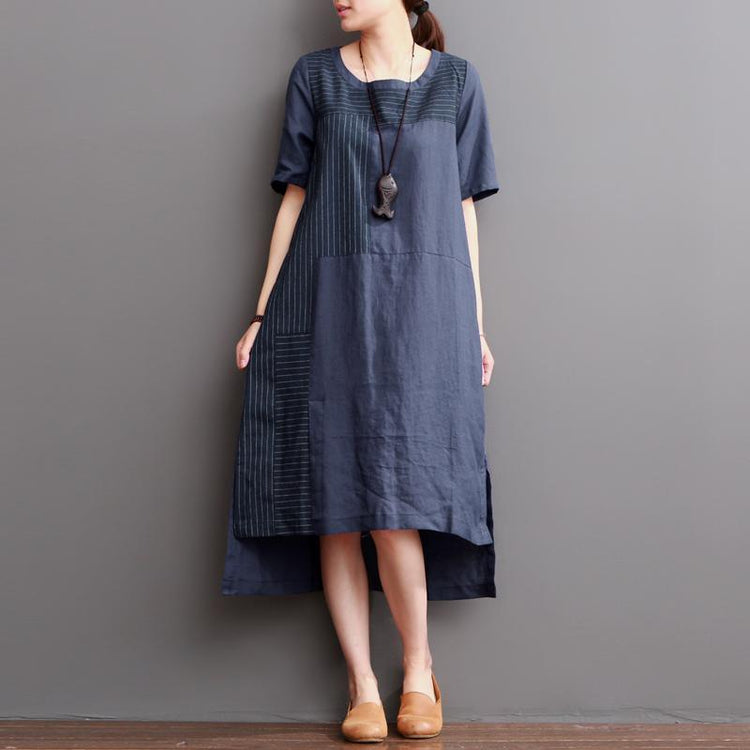 Navy linen dresses for summer patchwork asymmetrical desgin sundress - Omychic