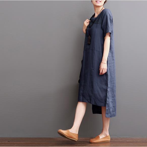 Navy linen dresses for summer patchwork asymmetrical desgin sundress - Omychic