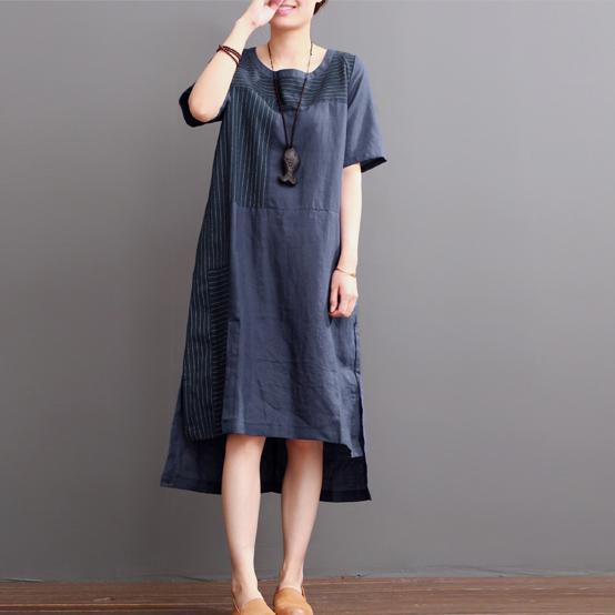 Navy linen dresses for summer patchwork asymmetrical desgin sundress - Omychic