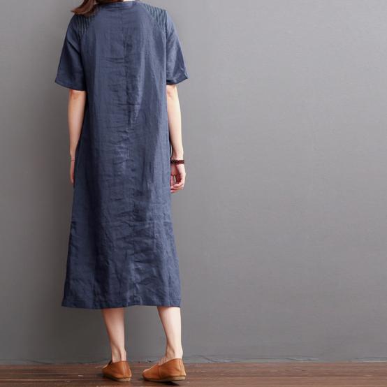 Navy linen dresses for summer patchwork asymmetrical desgin sundress - Omychic