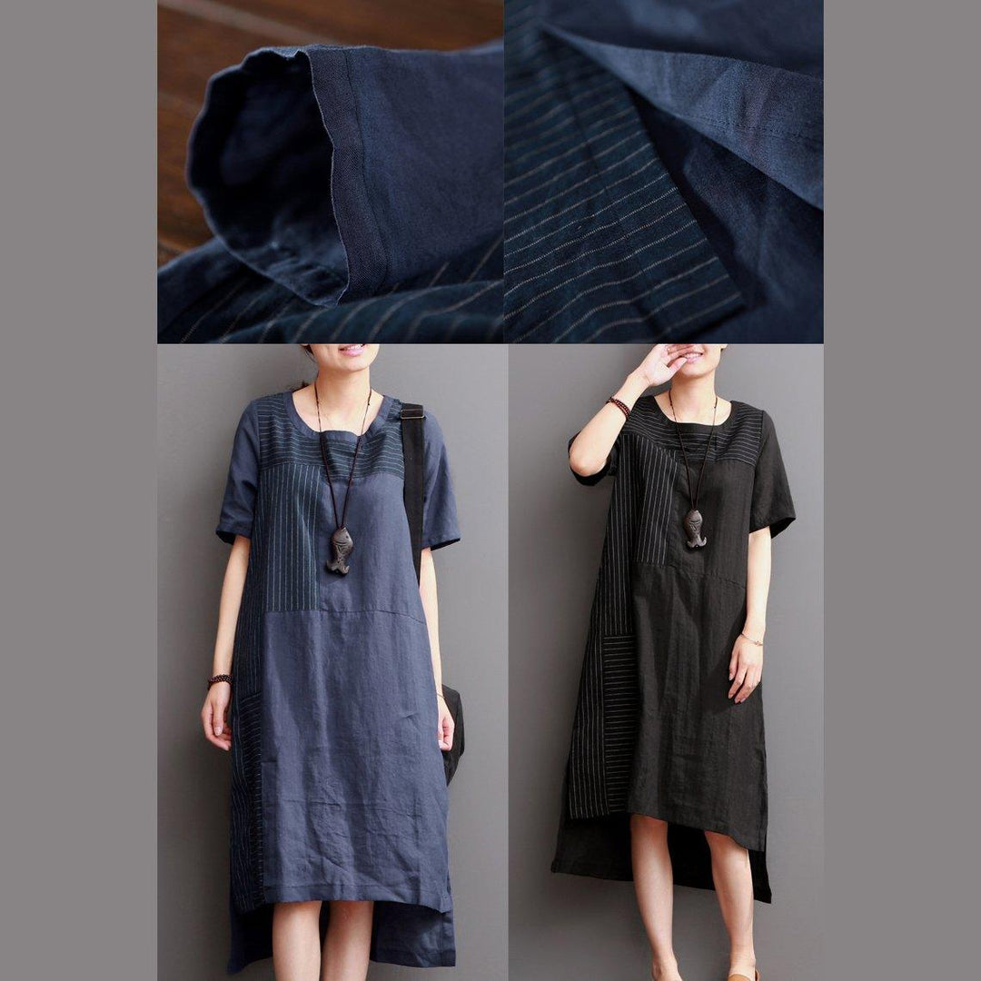 Navy linen dresses for summer patchwork asymmetrical desgin sundress - Omychic
