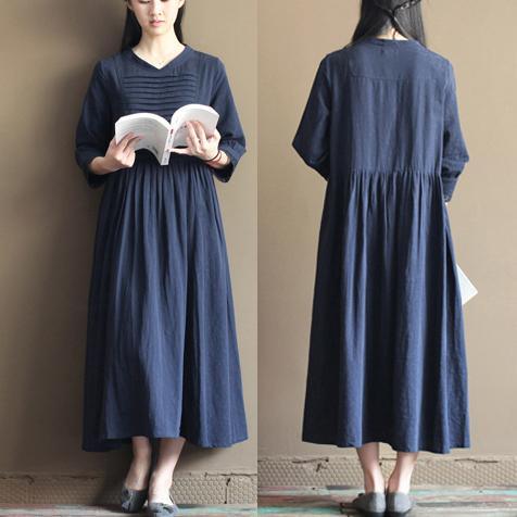 fall Navy linen dresses vintage long sleeve maxi dresses linen clothing - Omychic
