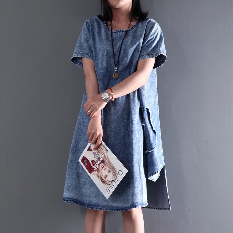 New Asymmetric denim sundress plus size denim summer dresses short sleeve blouse - Omychic