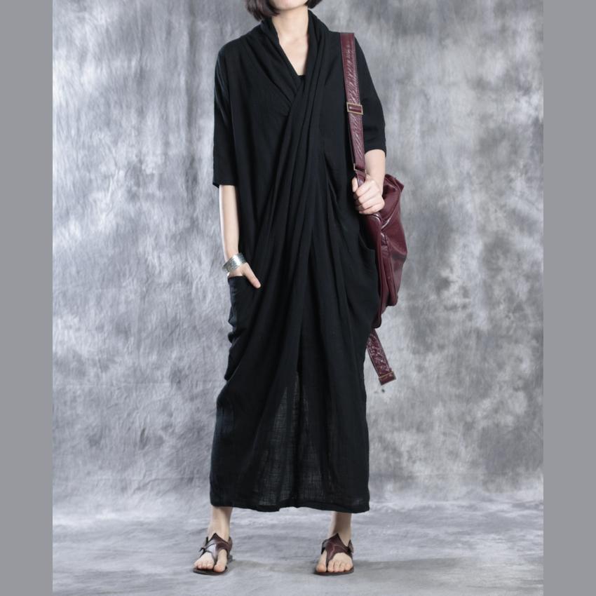 New black linen dresses plus size linen caftans maxi dress - Omychic
