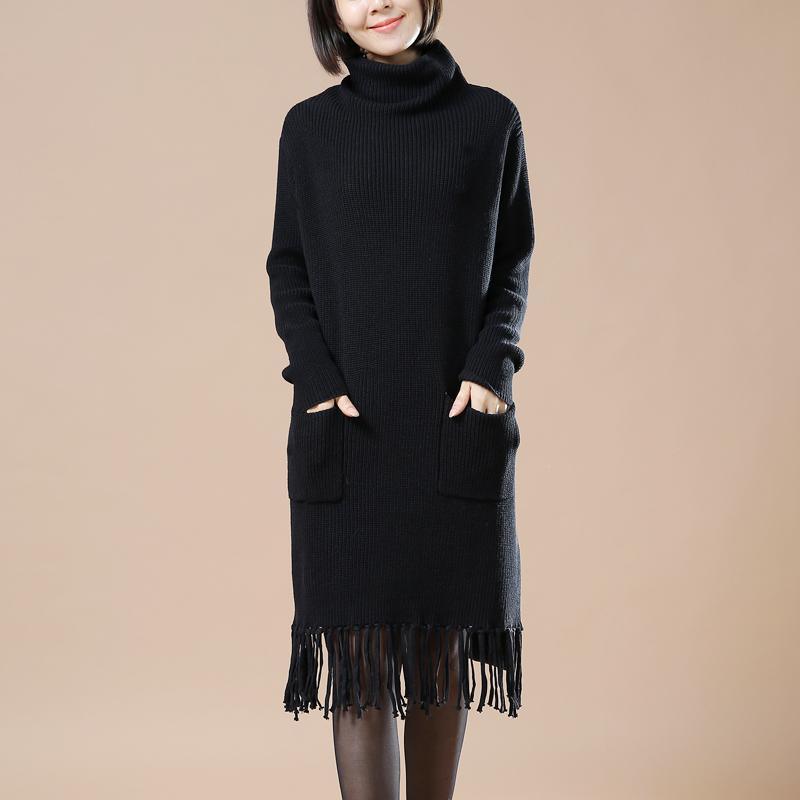 New black long sweaters tesseled knit dresses - Omychic
