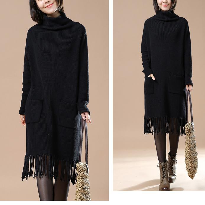 New black long sweaters tesseled knit dresses - Omychic