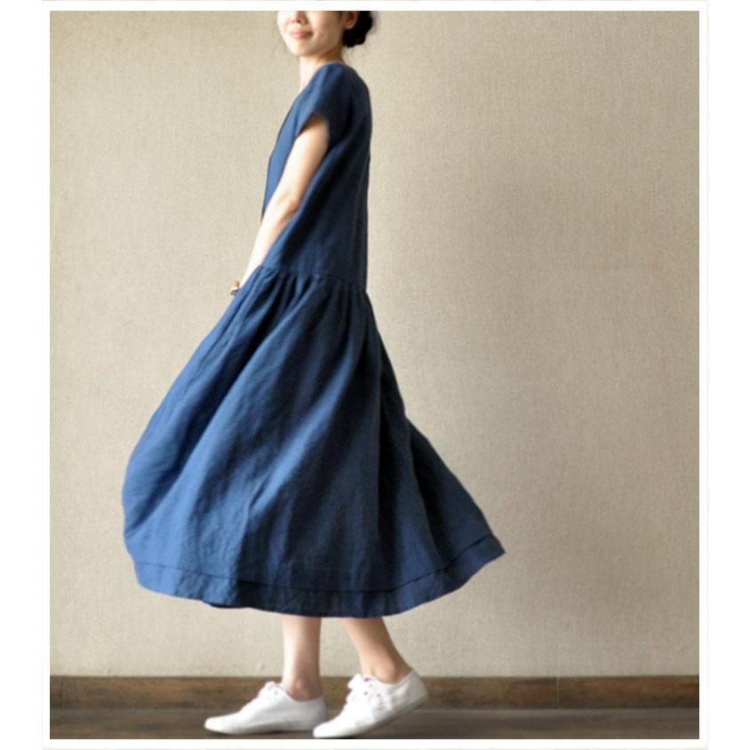 New blue casual linen sundress puls size fit flare cotton dresses maxi dresses - Omychic