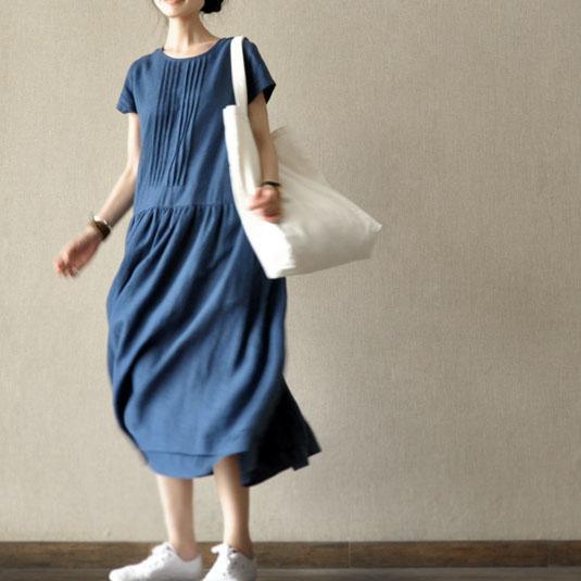 New blue casual linen sundress puls size fit flare cotton dresses maxi dresses - Omychic