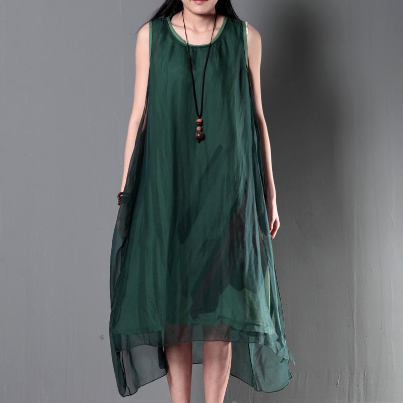New linen dresses for summer layered silk flown sundresses long casual maxi dresses tea green - Omychic
