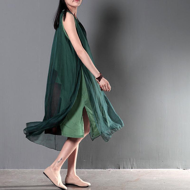 New linen dresses for summer layered silk flown sundresses long casual maxi dresses tea green - Omychic