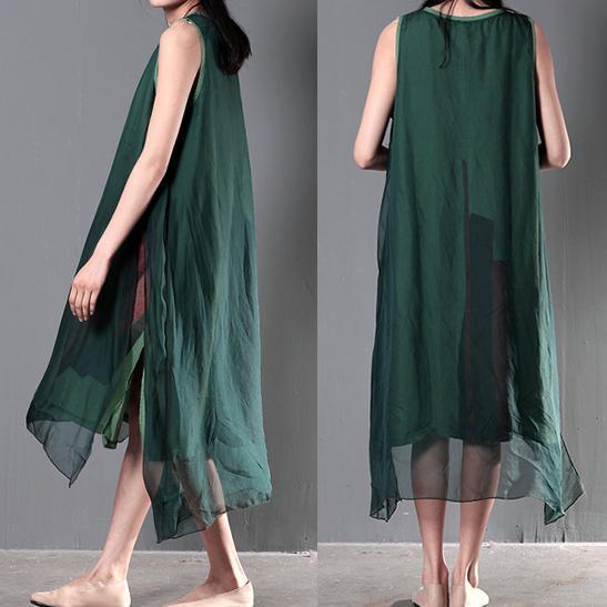 New linen dresses for summer layered silk flown sundresses long casual maxi dresses tea green - Omychic