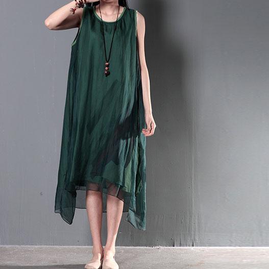 New linen dresses for summer layered silk flown sundresses long casual maxi dresses tea green - Omychic