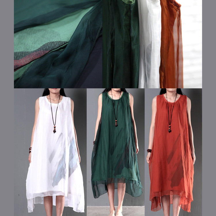 New linen dresses for summer layered silk flown sundresses long casual maxi dresses tea green - Omychic