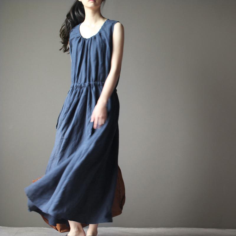 New navy linen dress for summer maxi dress linen sundress casual holiday dresses - Omychic