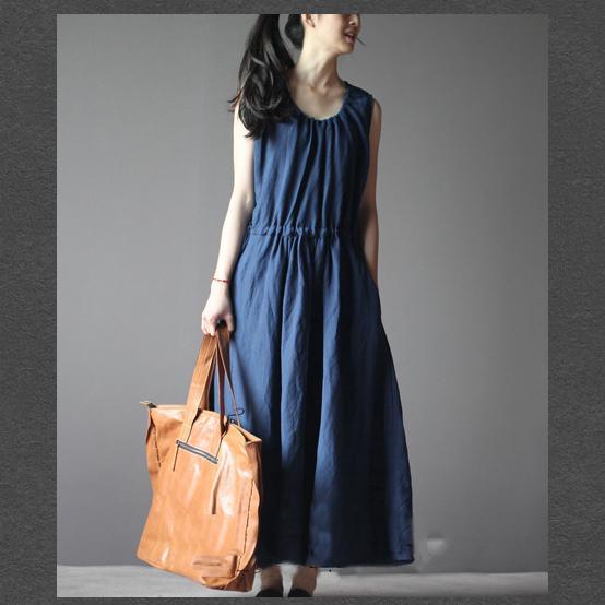New navy linen dress for summer maxi dress linen sundress casual holiday dresses - Omychic