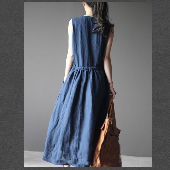 New navy linen dress for summer maxi dress linen sundress casual holiday dresses - Omychic