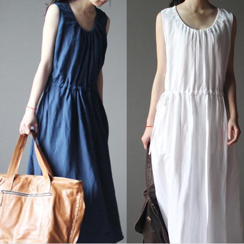 New navy linen dress for summer maxi dress linen sundress casual holiday dresses - Omychic