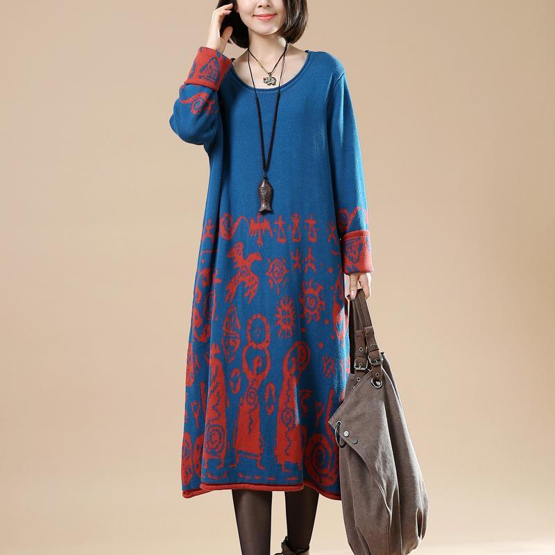 Royal blue sweaters long knit dresses plus size winter dress secret paper cut - Omychic